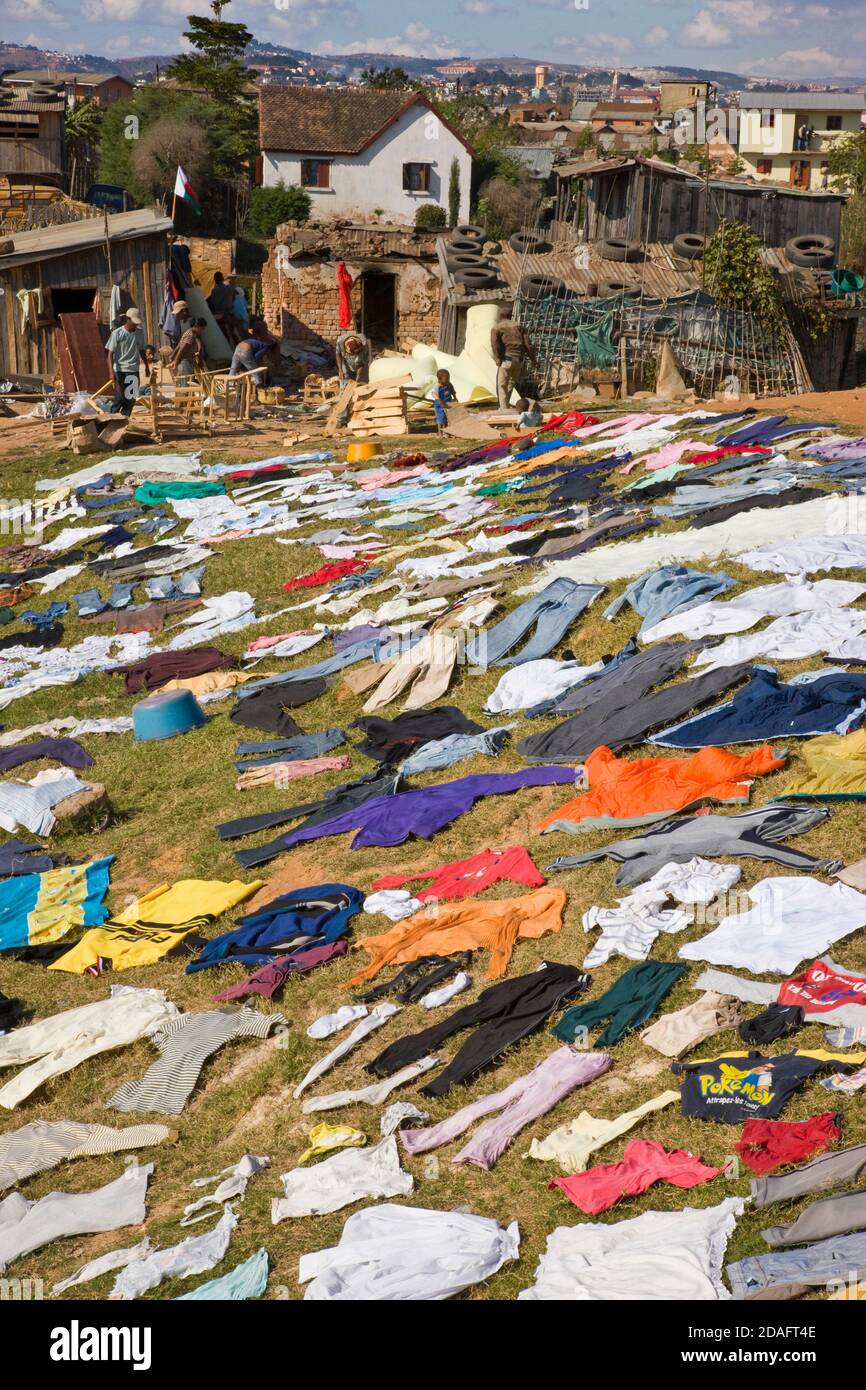 Drying laundry on the river bank, Antananarivo, Madagascar Stock Photo