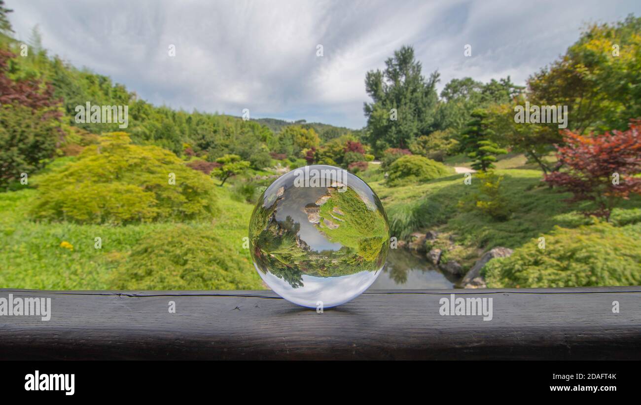 Zen garden type Japanese garden with a crystal ball. Stock Photo