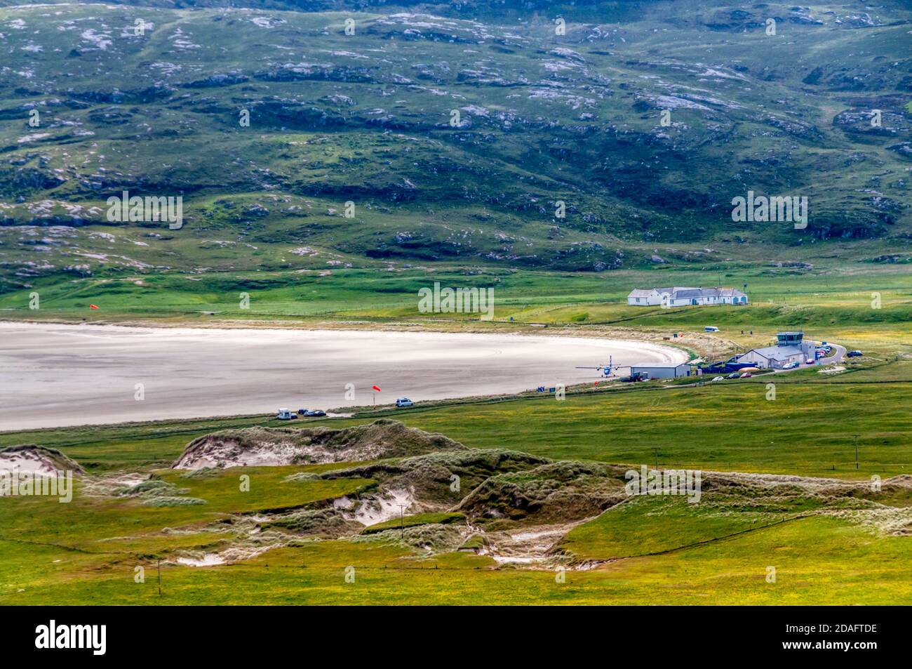 Elevated view of Barra airfield on the sandy beach of Traigh Mhor. Stock Photo