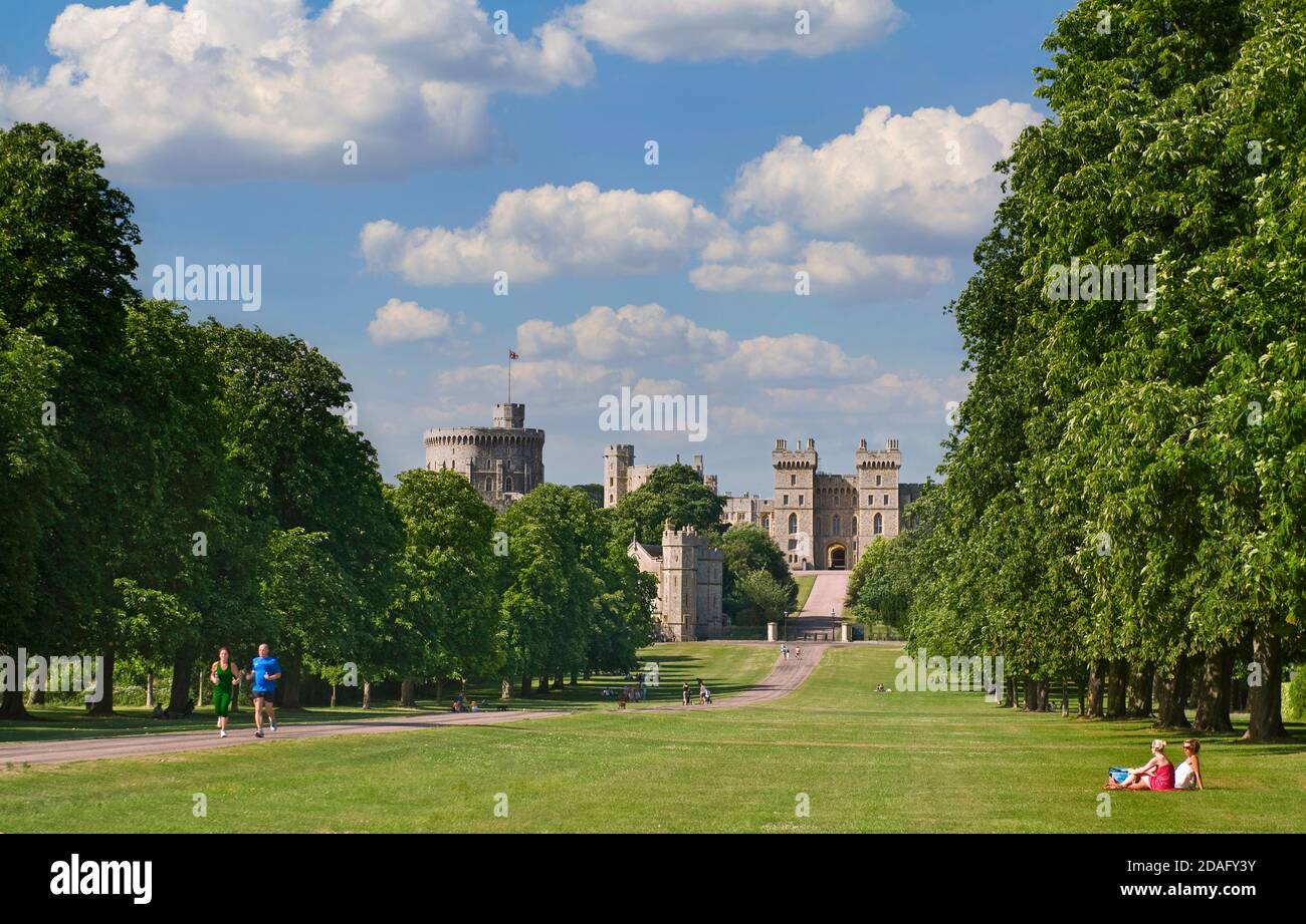 Windsor Castle in summer sun viewed down the Long Walk with people jogging and enjoying the view in warm vacation environment Windsor Berkshire UK Stock Photo