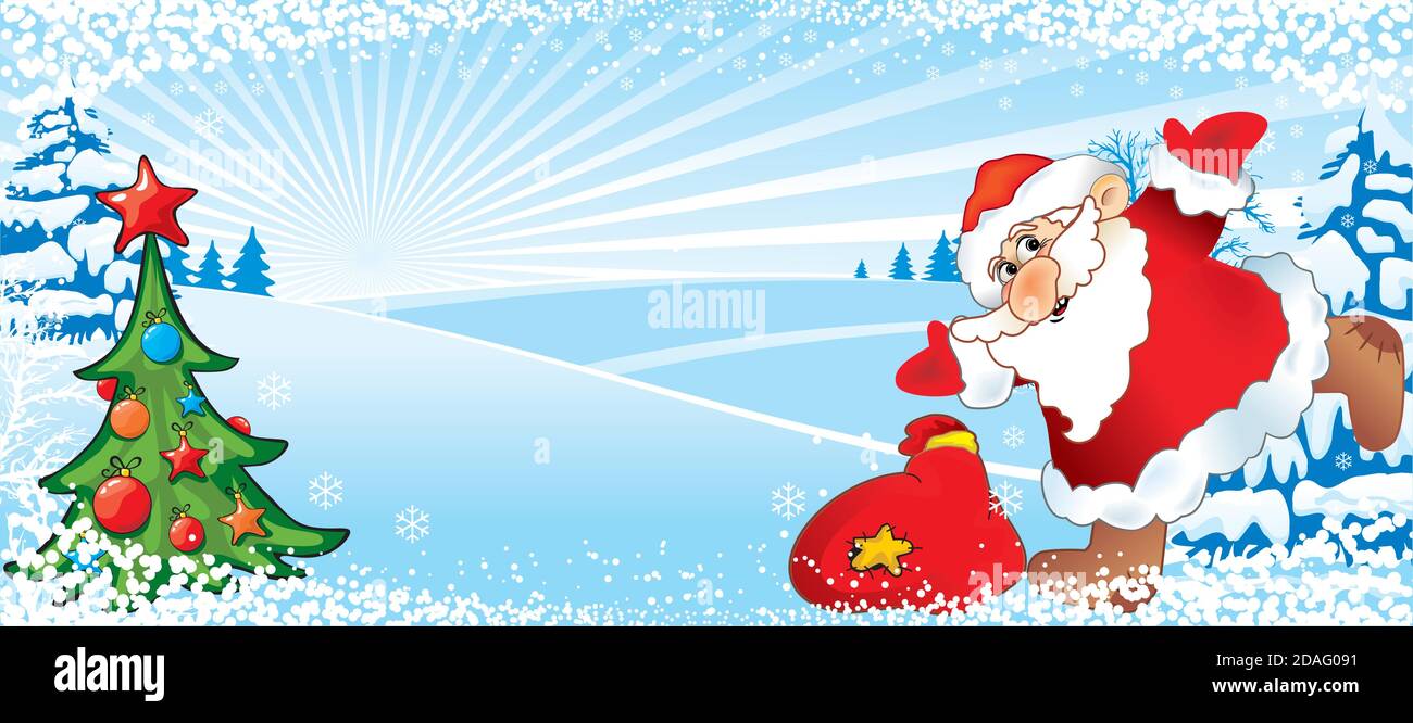 Santa Claus, Christmas tree and bag of gifts on the background of snowy plain and winter trees Stock Vector