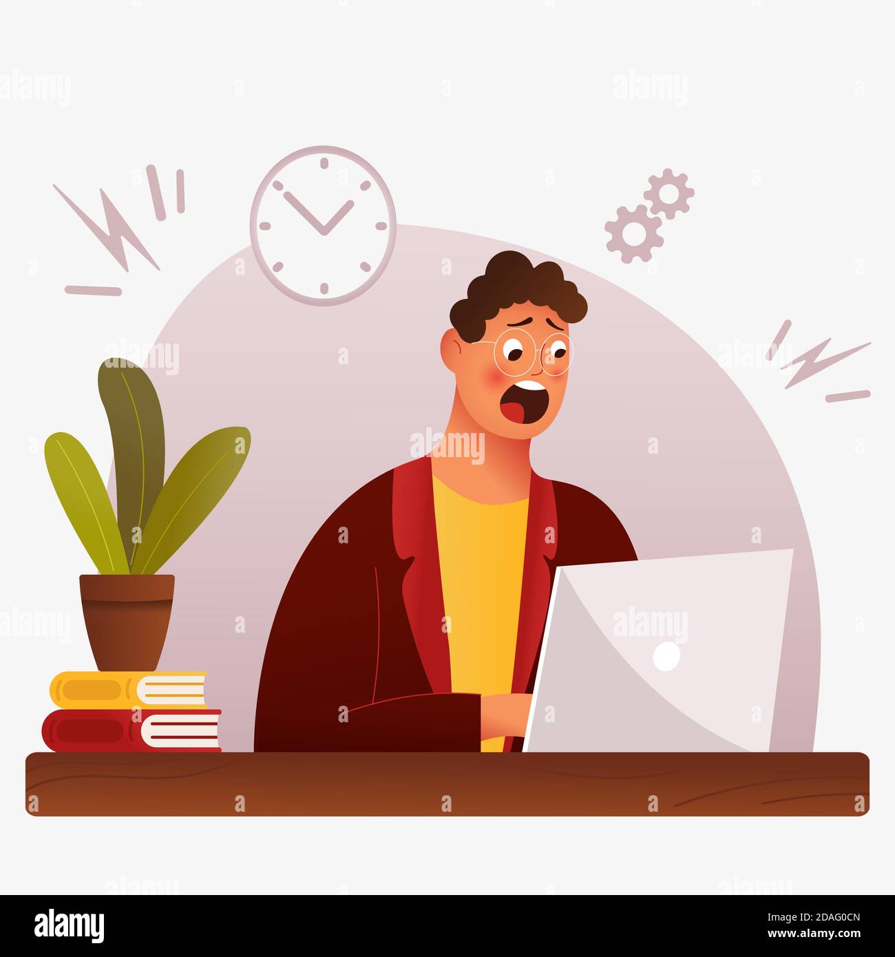Flat stressful busy young man workload at work. Concept blockage tired employee, workplace with paper. Remote Freelance Work Concept. Man Freelancer Stock Vector