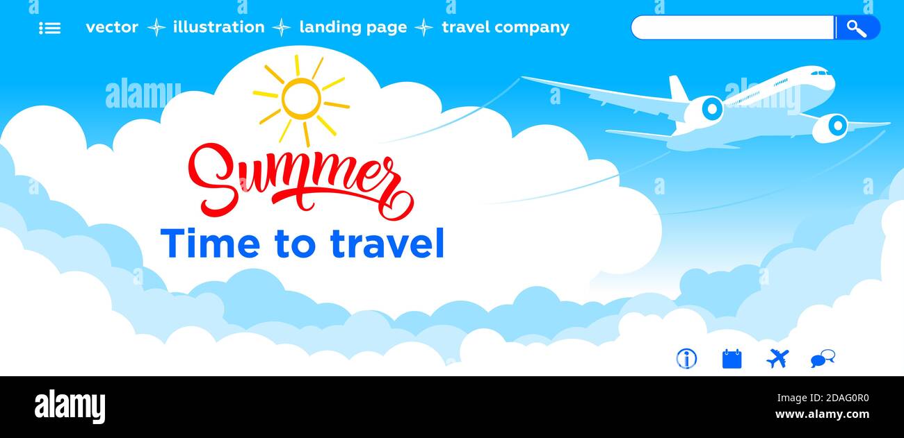 Airplane in the blue sky with clouds. Air ticket sale Landing page