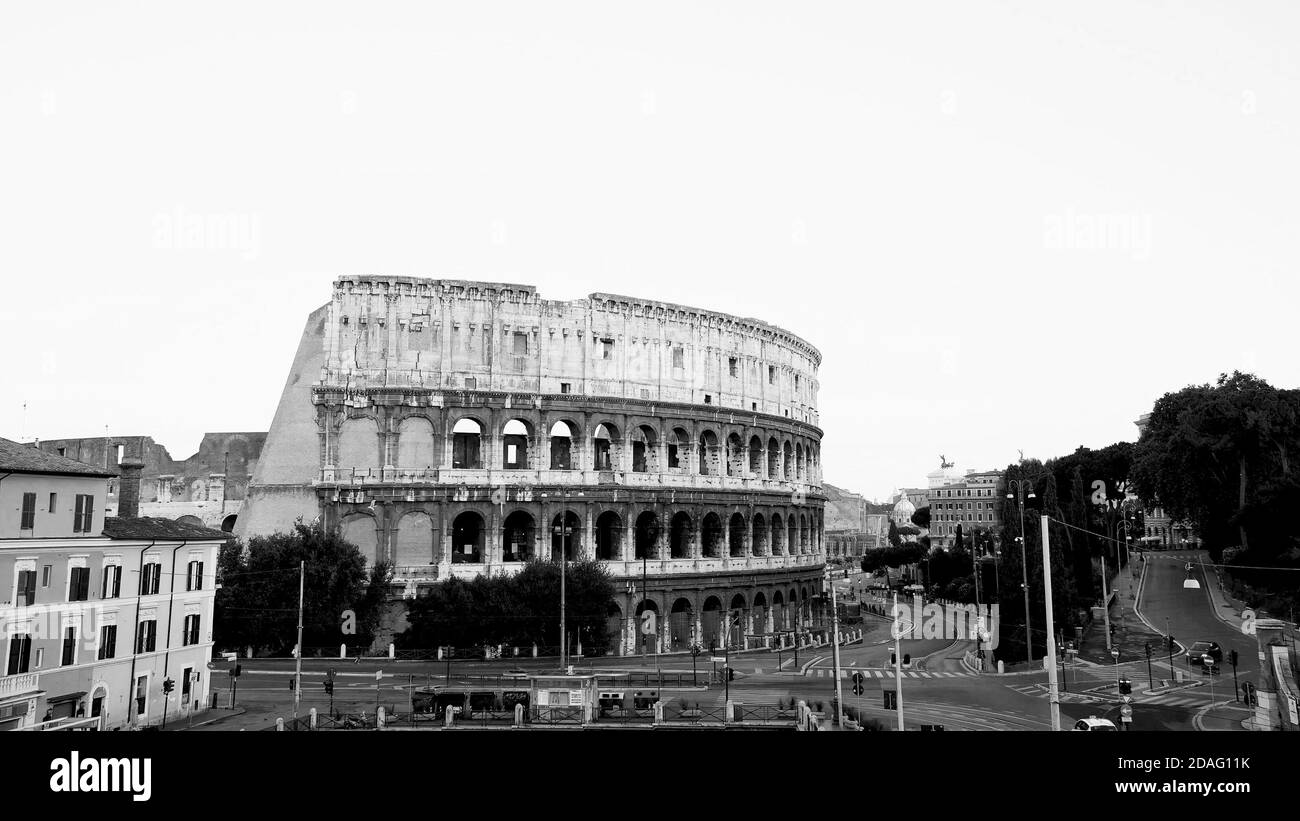 Colosseum, black and white Rome city at morning, Italy Stock Photo