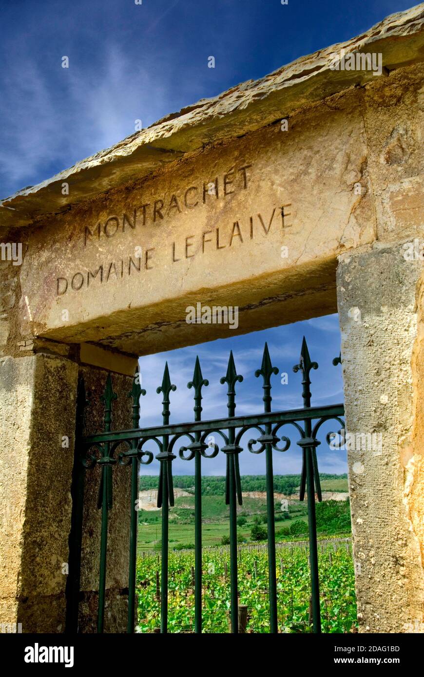 DOMAINE LEFLAIVE GRAND CRU VINEYARD Stone entrance to Domaine Leflaive revered 'LE MONTRACHET' Burgundy estate in Puligny-Montrachet Cote d'Or France Stock Photo