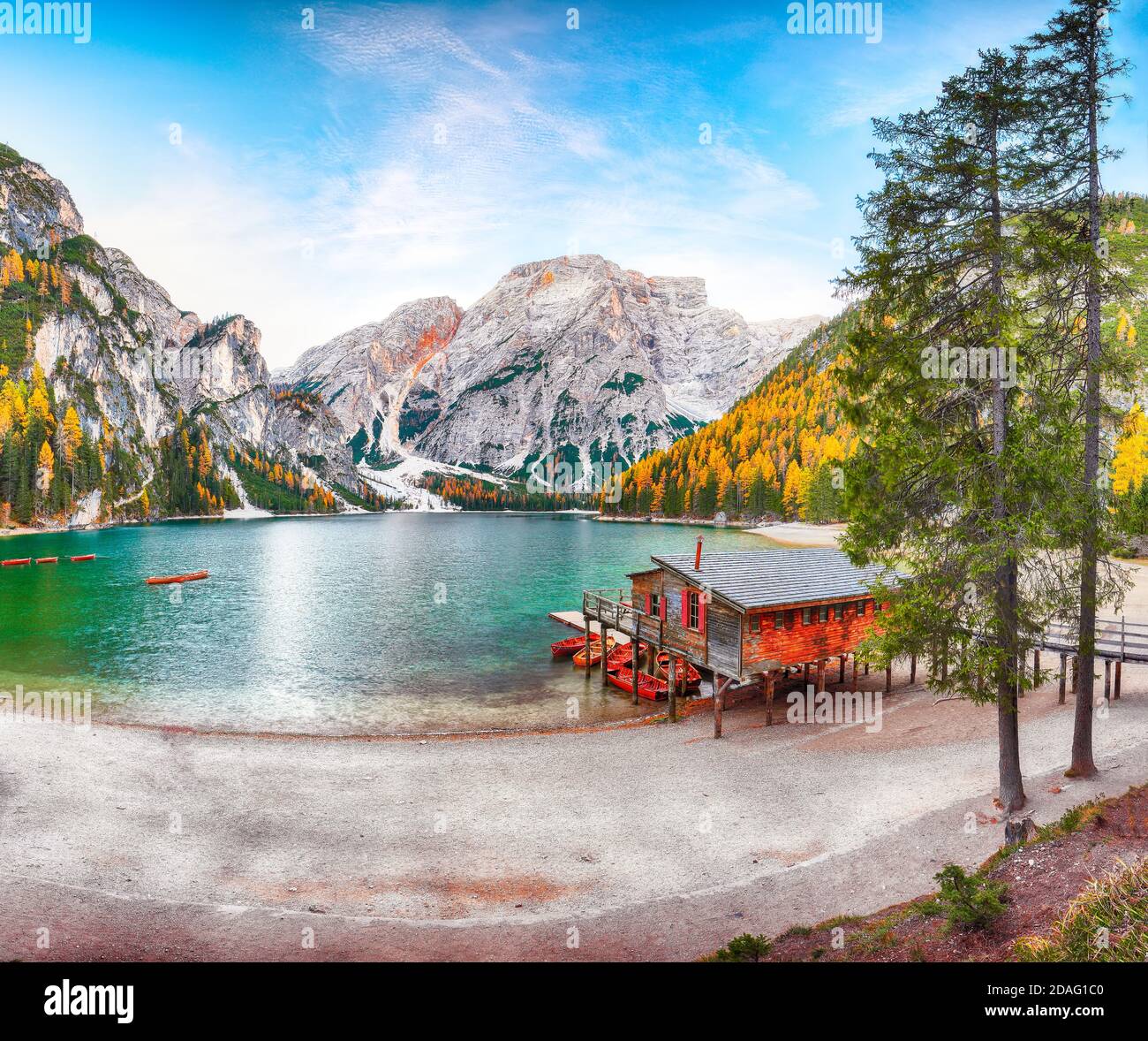 Fantastic Scenery Of Famous Alpine Lake Braies At Autumn Location Fantastic Scenery Of Famous Alpine Lake Braies At Autumn Location