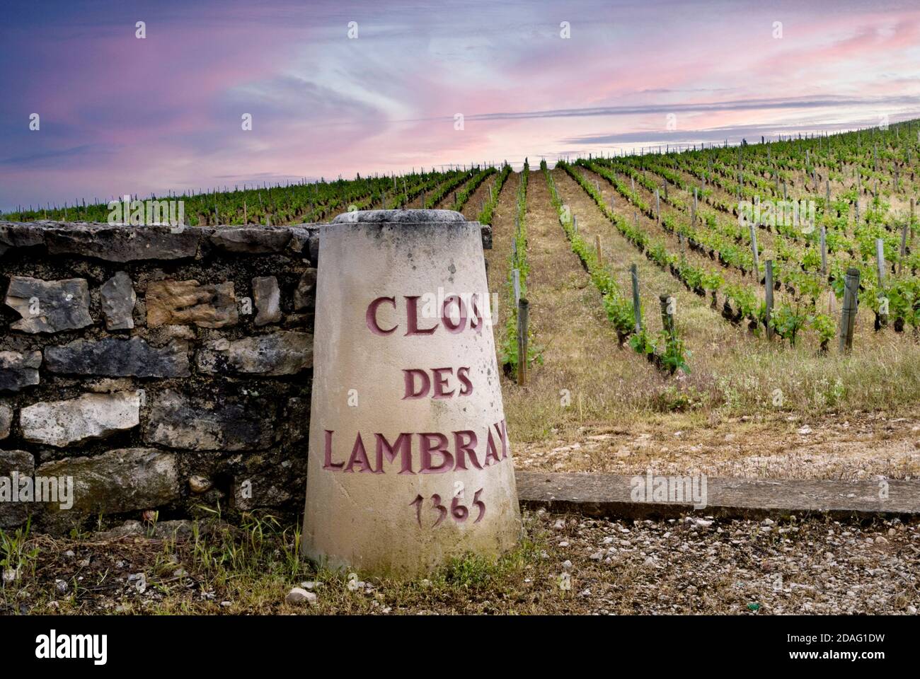 Clos des Lambrays Grand Cru vineyard stone pillar at boundary Morey-St-Denis, Côte d'Or, France. [Côte de Nuits Grand Cru] Stock Photo