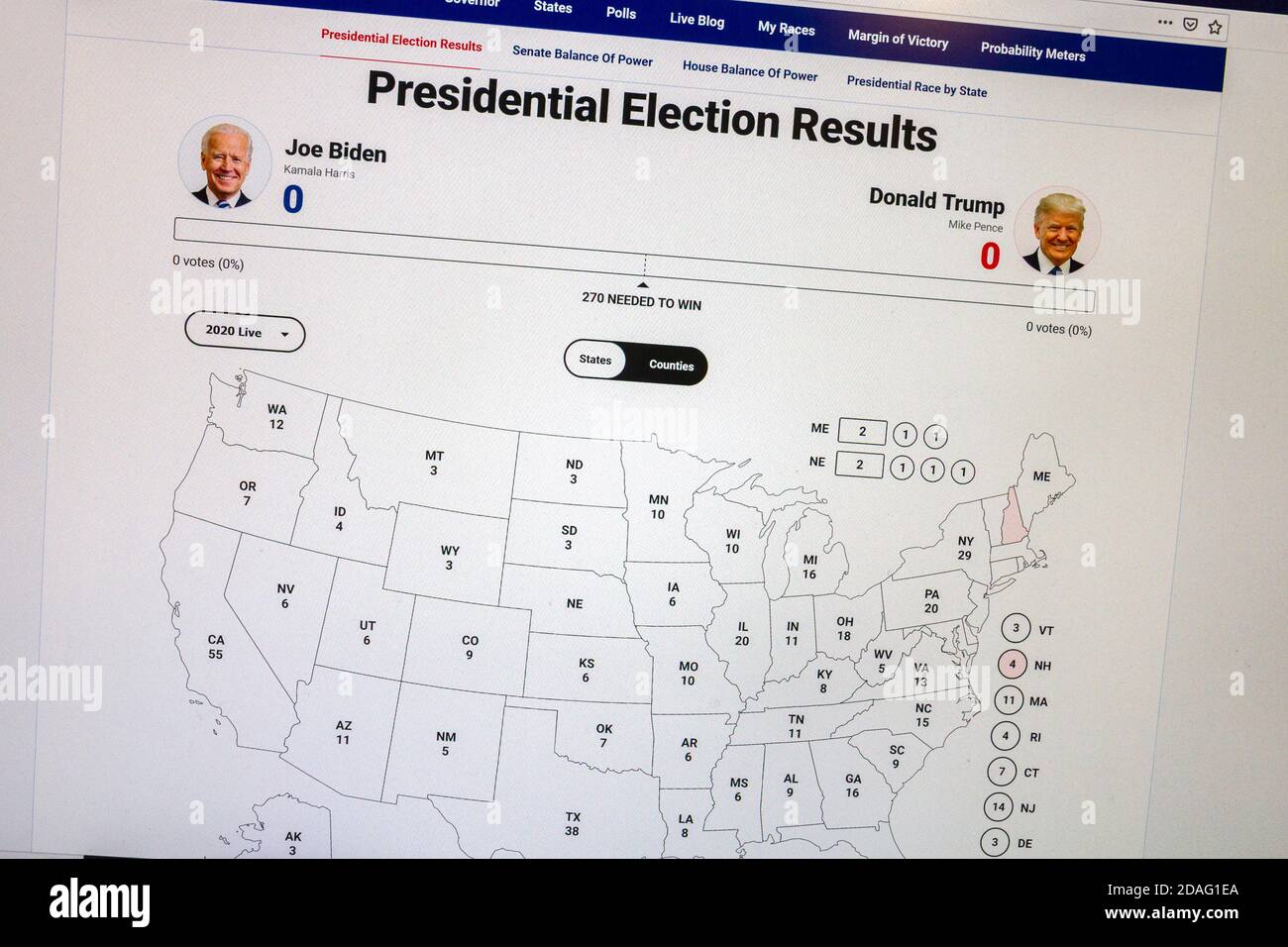 Fox News screenshot of map showing no States had been declared during the 2020 Presidential Election on election day, 3rd November 2020. Stock Photo