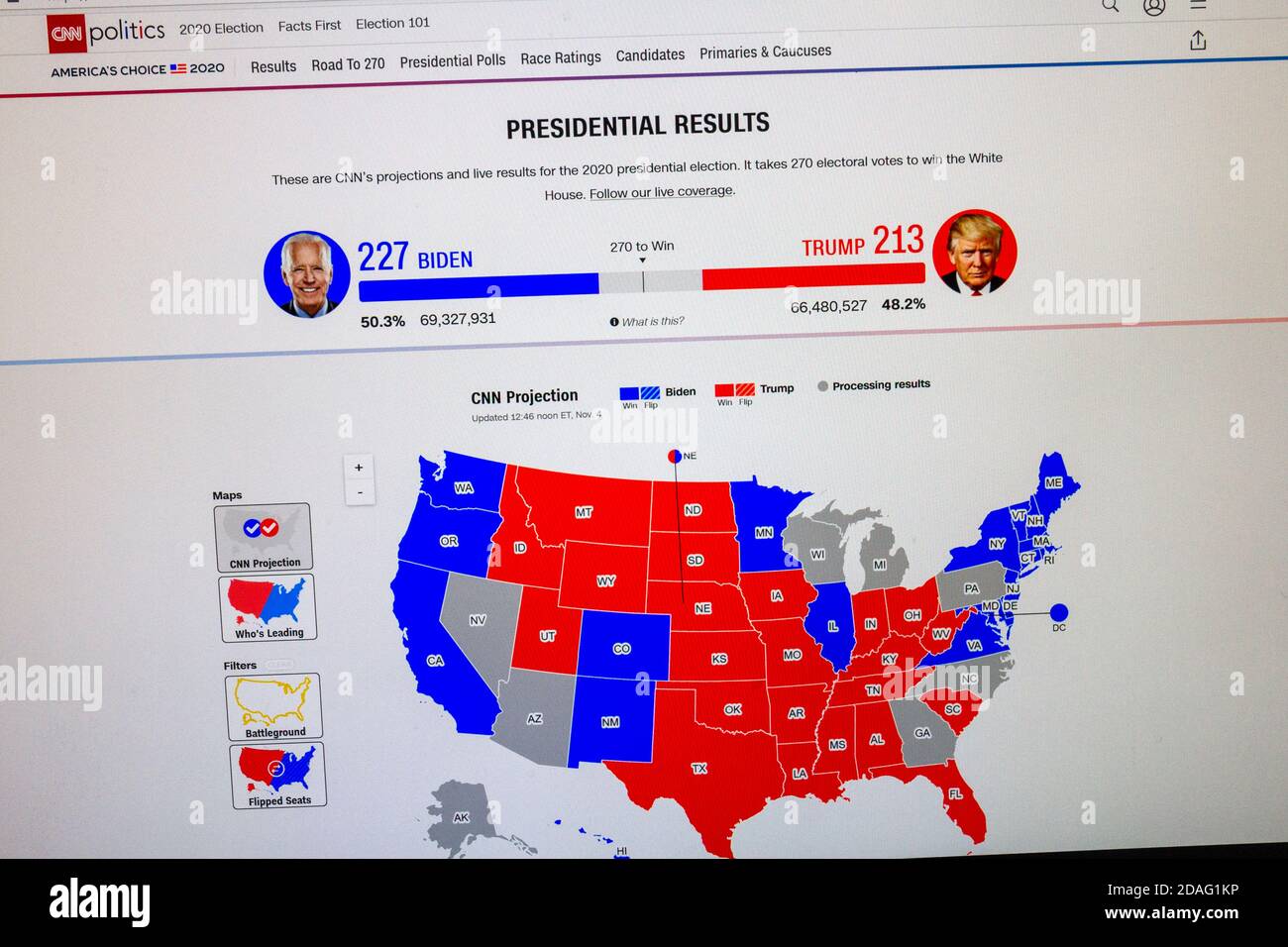 CNN screenshot showing state of play on a map of the United States during the 2020 Presidential Election on 4th November 2020. Stock Photo
