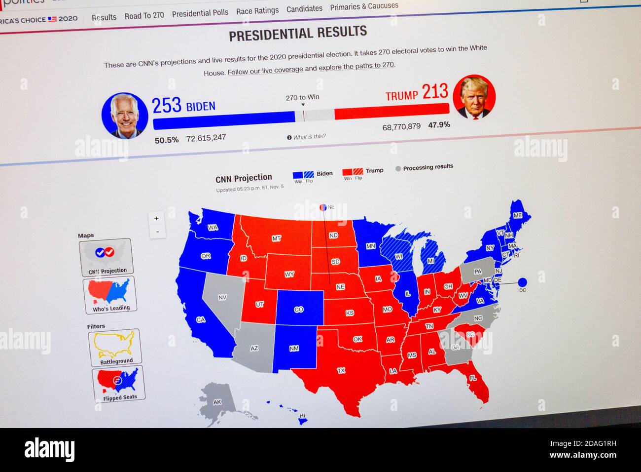 CNN screenshot showing state of play on a map of the United States during the 2020 Presidential Election on 5th November 2020. Stock Photo