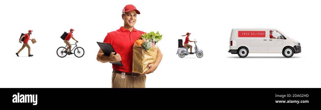 Male courier with a bag of groceries and a delivery van, scooter and bicycle isolated on white background Stock Photo