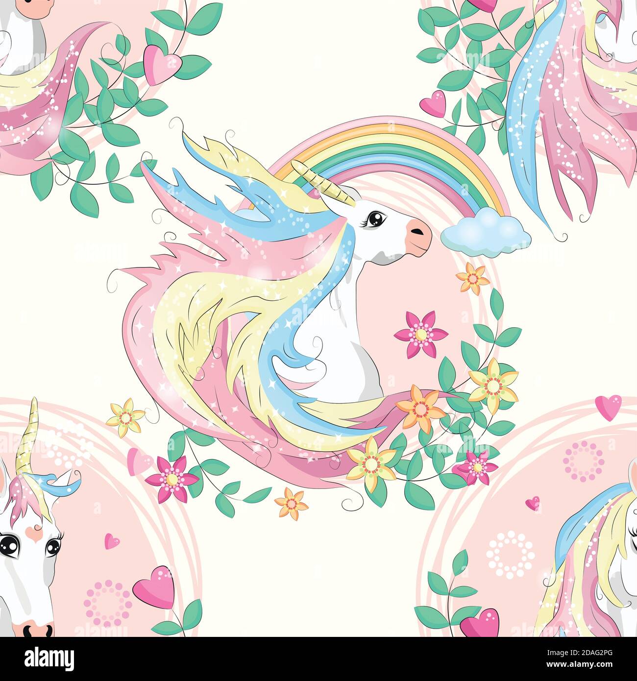 Seamless pattern with unicorns, donuts rainbow, confetti and other elements Stock Vector