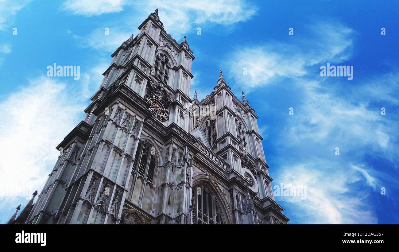 Westminster Abbey against blue sky, Collegiate Church of Saint Peter at Westminster, City of Westminster, London, England, UK. Stock Photo