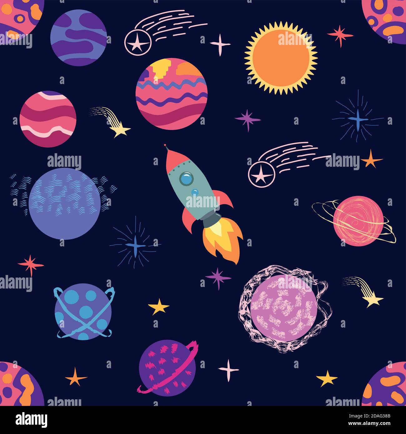 Seamless space pattern. Planets, rockets and stars. Cartoon spaceship ...