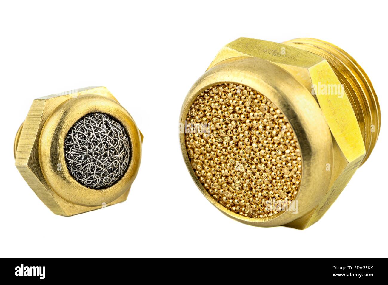 Macro shots of a brass air silencer with a metal mesh inside and the