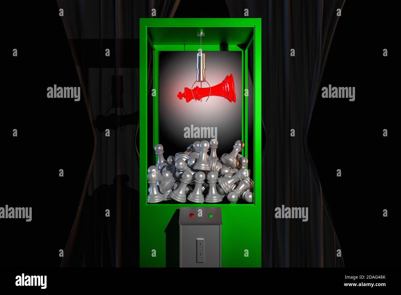 A Carnival green Toy Claw Crane Arcade Machine gripping a chess King ...