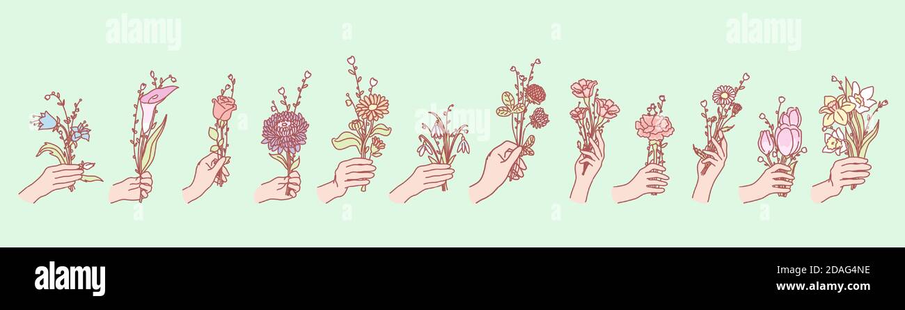 Set of flowers in hands concept Stock Vector