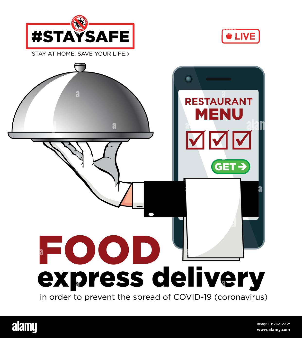 Stay home with your social media campaign and prevent coronavirus infection. Hand of waiter with dish and towel from mobile phone. Food delivery from Stock Vector