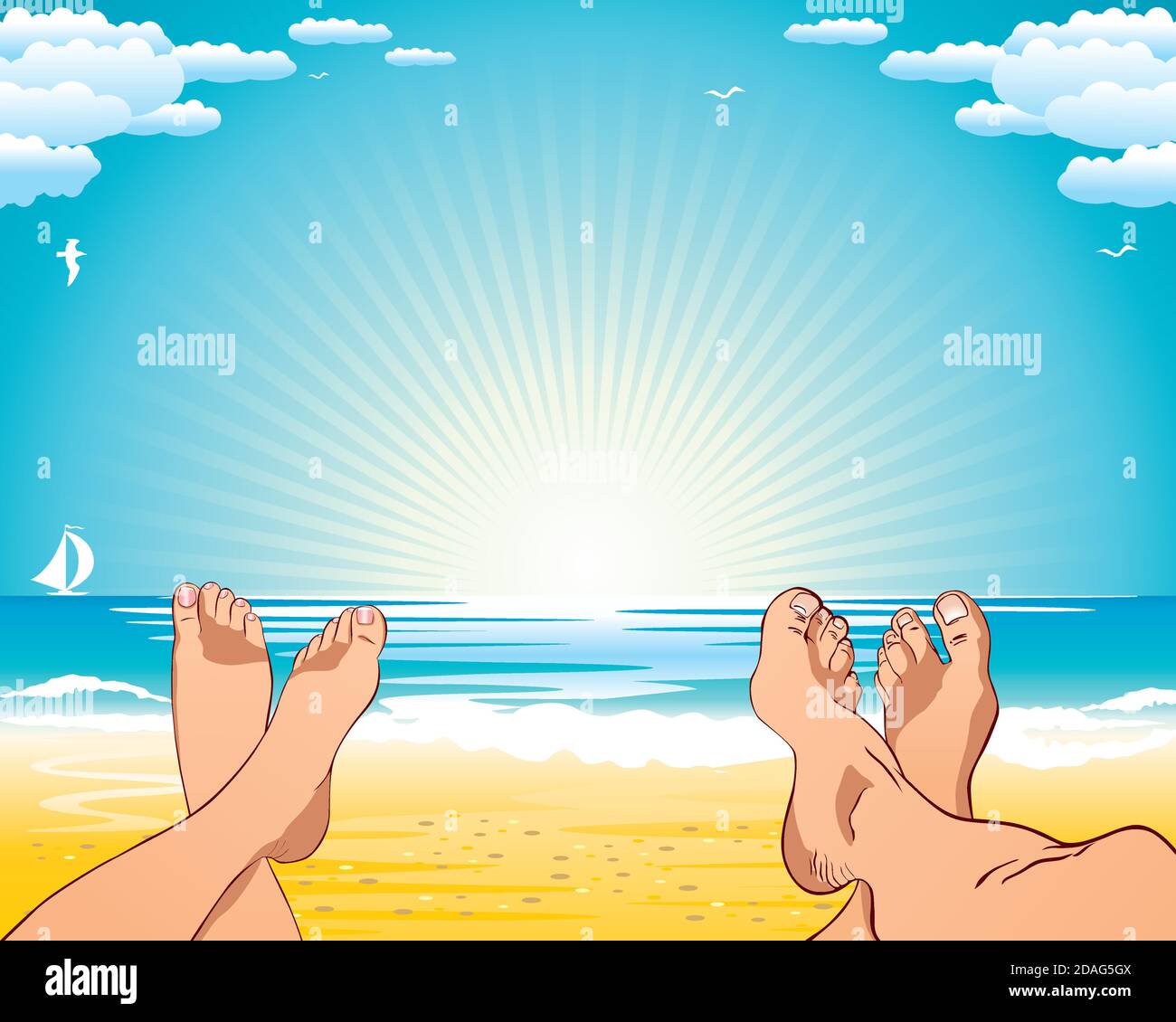 Summer beach holiday by the ocean. View of the sea, the sky, the sun from the first person Stock Vector