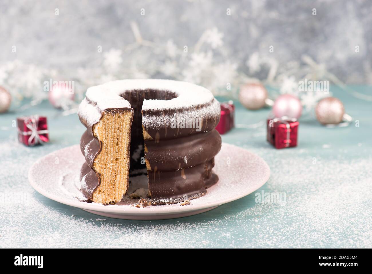 Traditional german christmas chocolate cake called Baumkuchen, winter
