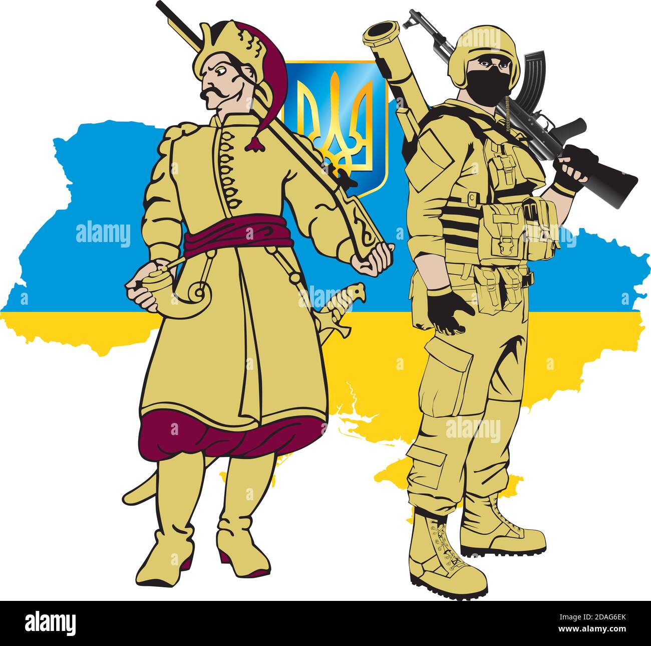 Ukrainian soldiers - Zaporozhye Cossack and a modern soldier against the silhouette of Ukraine Stock Vector