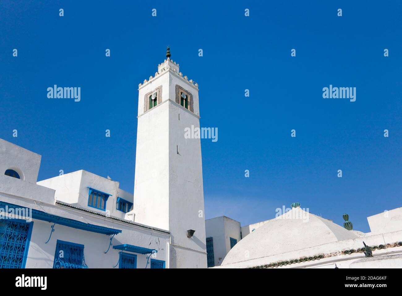 Minaret and mosque, Sidi Bou Said, Tunis, Tunisia Stock Photo