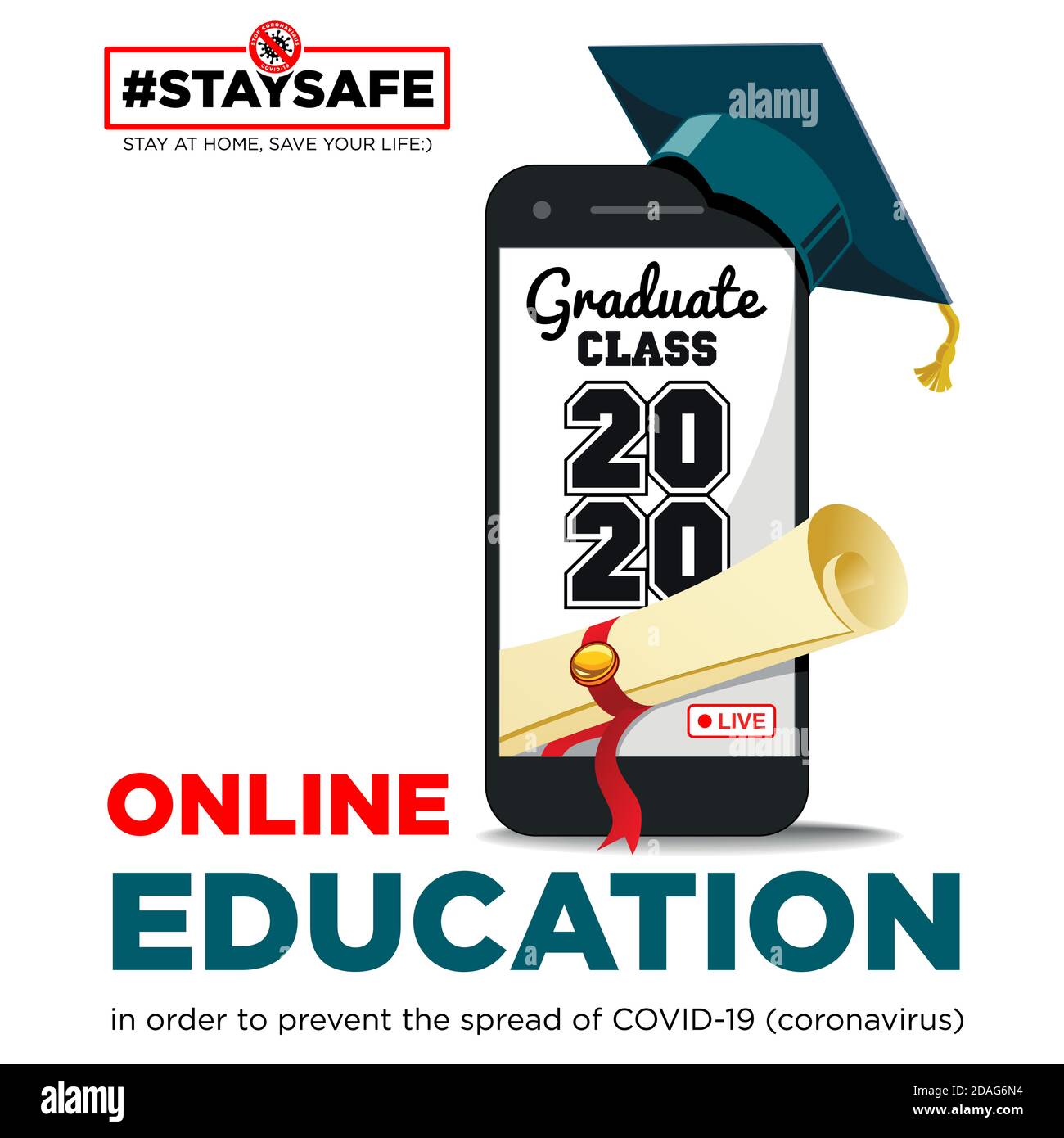 Stay home with your social media campaign and prevent coronavirus infection. Graduate cap and diploma, certificate of completion education from mobile Stock Vector