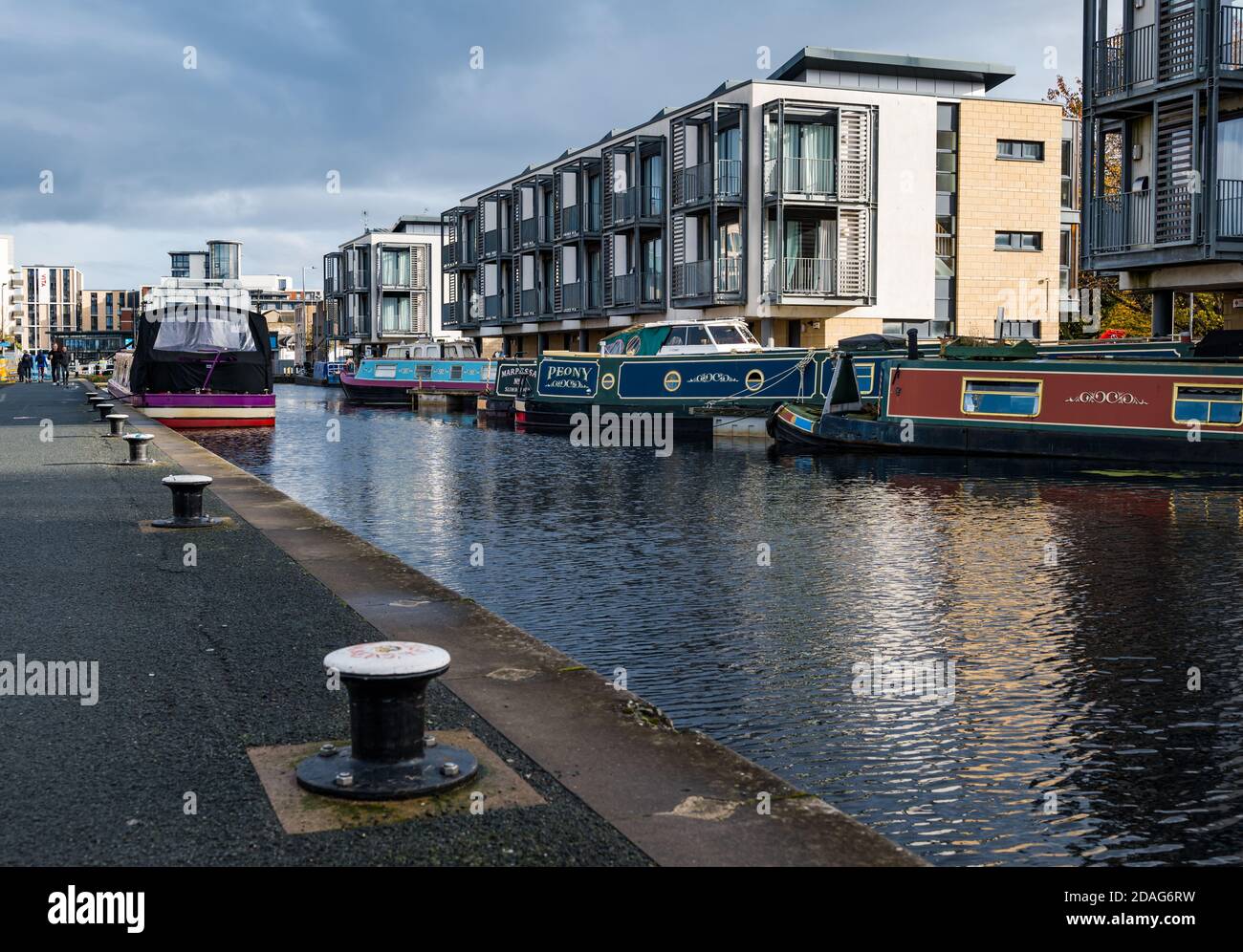 Barges moored at Fountainbridge with modern blocks of flats, Union