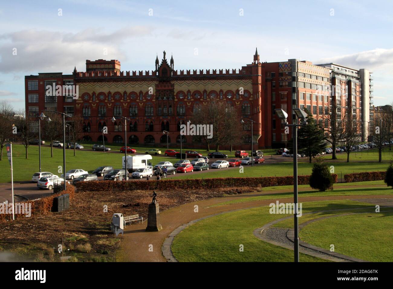 Glasgow Templetons Carpet Factory and fountain. now known as Templeton On The Green,  is a distinctive building near the People's Palace, in Glasgow, Scotland, Stock Photo