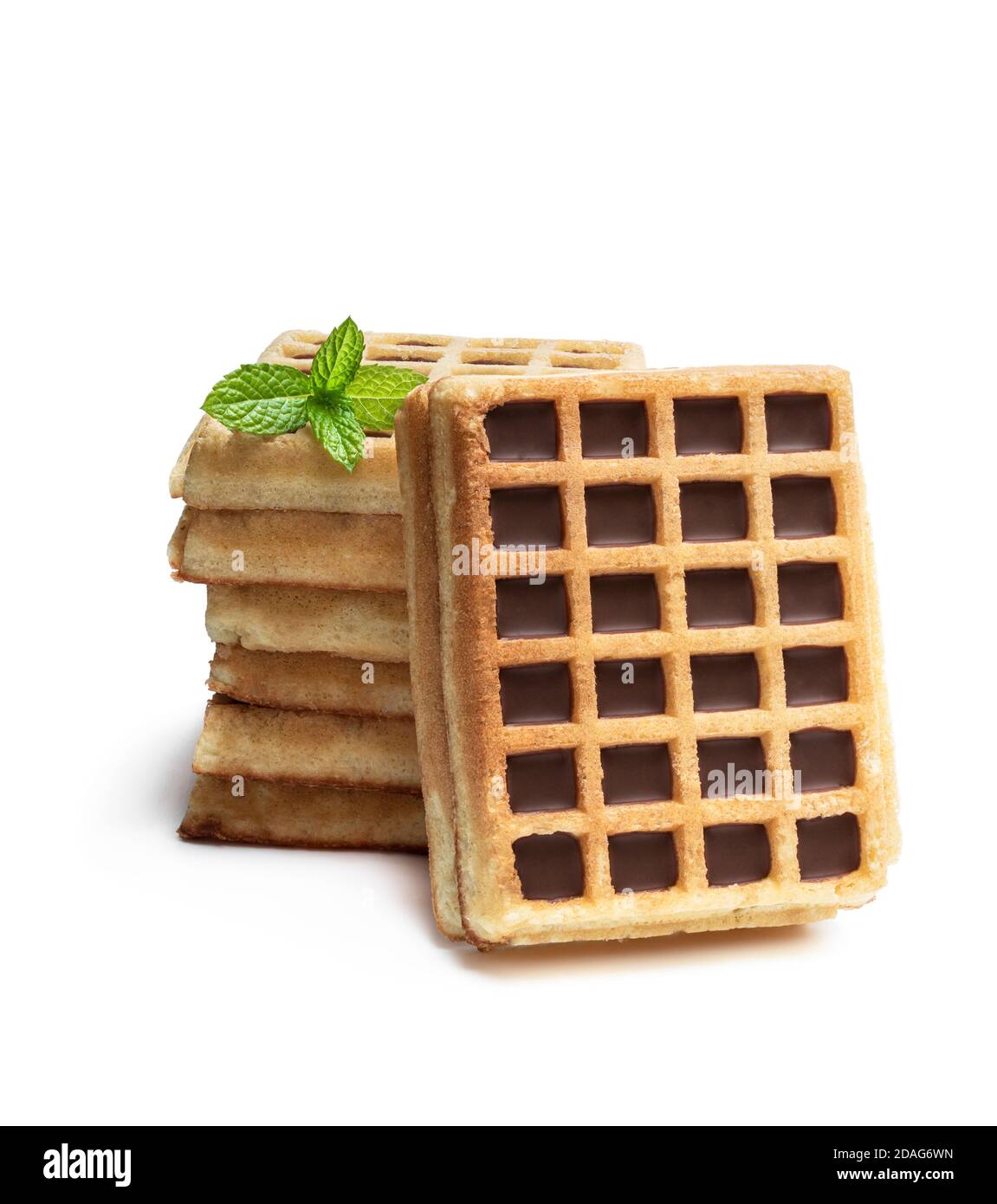 Stack  of toasting waffles with chocolate isolated on white Stock Photo