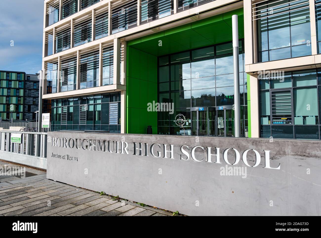 Exterior of Boroughmuir High School with name, Fountainbridge, Edinburgh, Scotland, UK Stock Photo