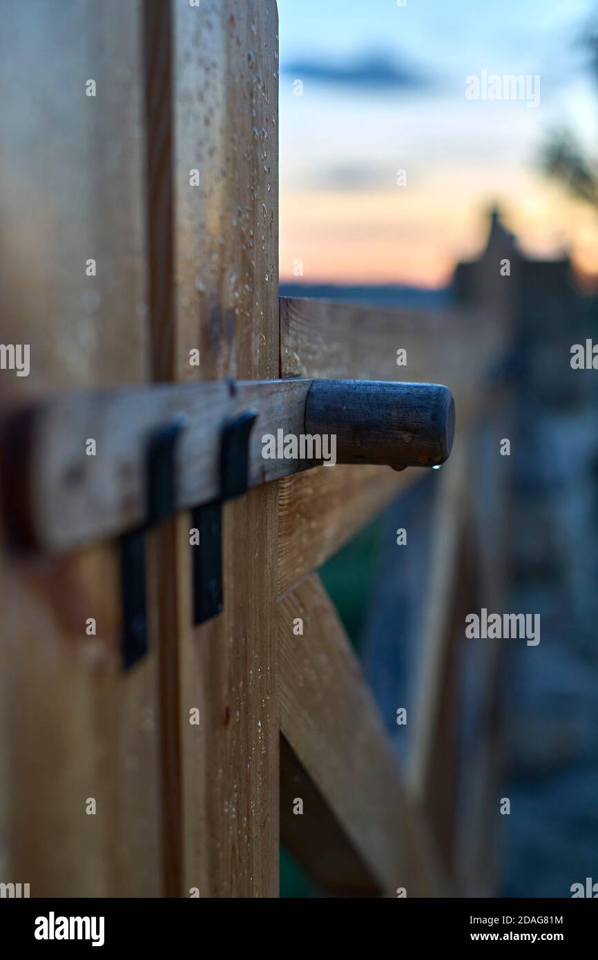 wooden gate with a rustic wooden staple closure covered with rain drops