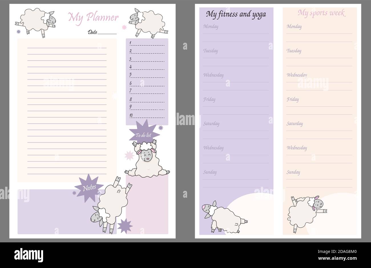 cute planner templates for a day a week a to do list a place to take notes and a weekly fitness and yoga schedule funny sheep in asanas yoga 2DAG8M0