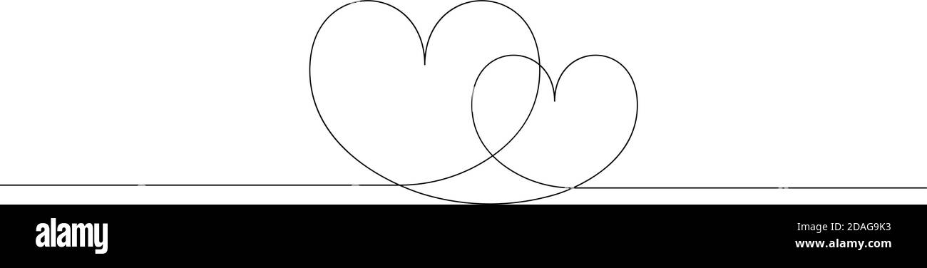 Continuous line drawing of love sign with two hearts embrace minimalism design. Big and small heart. Drawing by hand, black lines on a white Stock Vector
