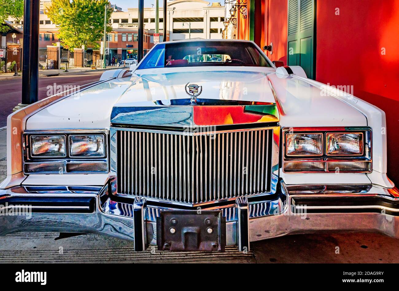 A Cadillac Eldorado Paris Opera Coupe is displayed outside Jerry Lee Lewis’ Cafe & Honky Tonk on Beale Street, Sept. 12, 2015, in Memphis, Tennessee. Stock Photo