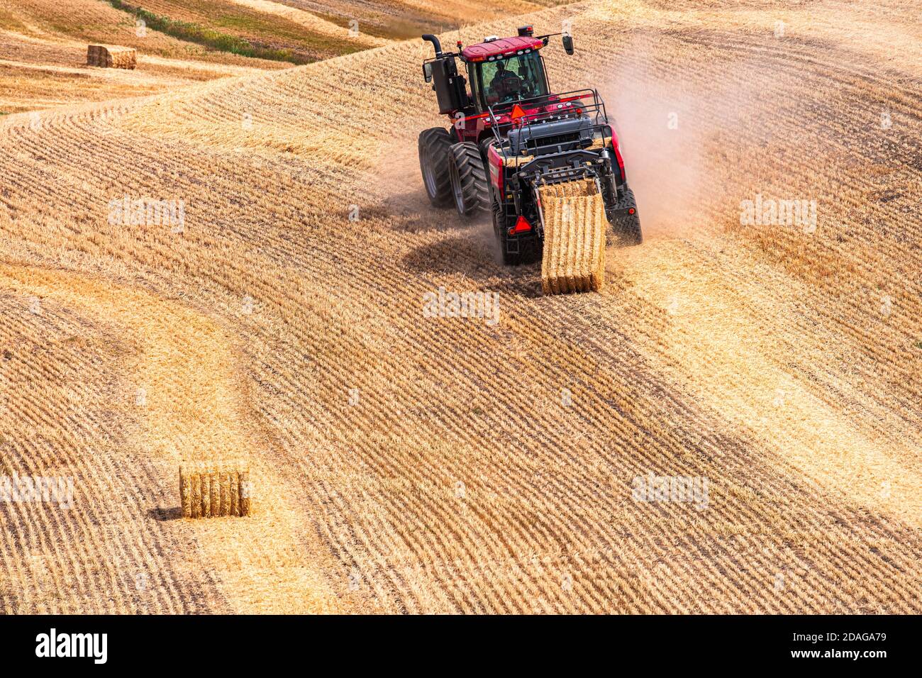 CaseIH 4WD wheeled tractor pulling a large rectangular baler to bale