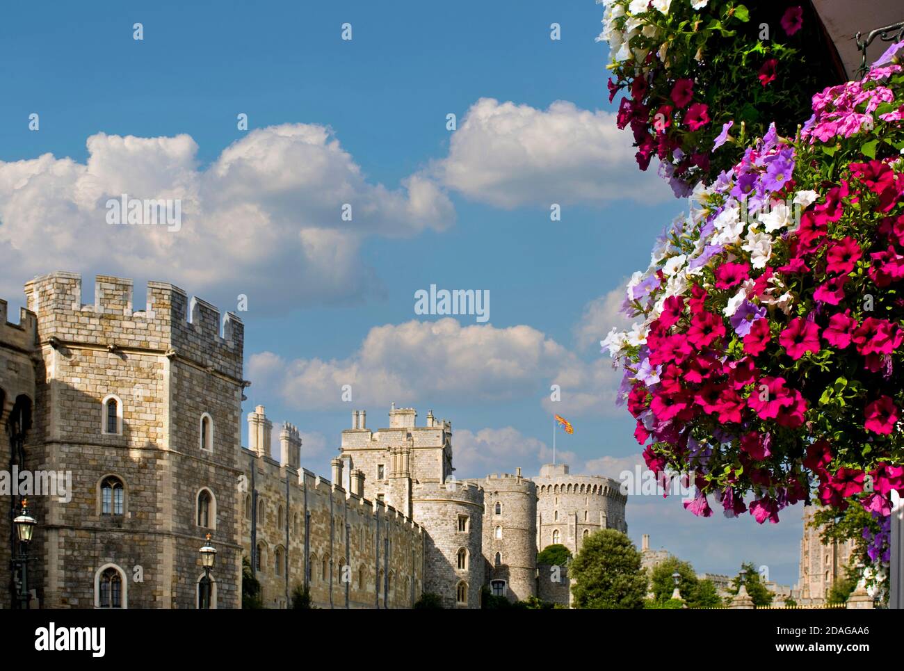 Windsor Castle flying The Royal Standard Flag with spring hanging basket flowers in foreground Windsor Berkshire UK Stock Photo