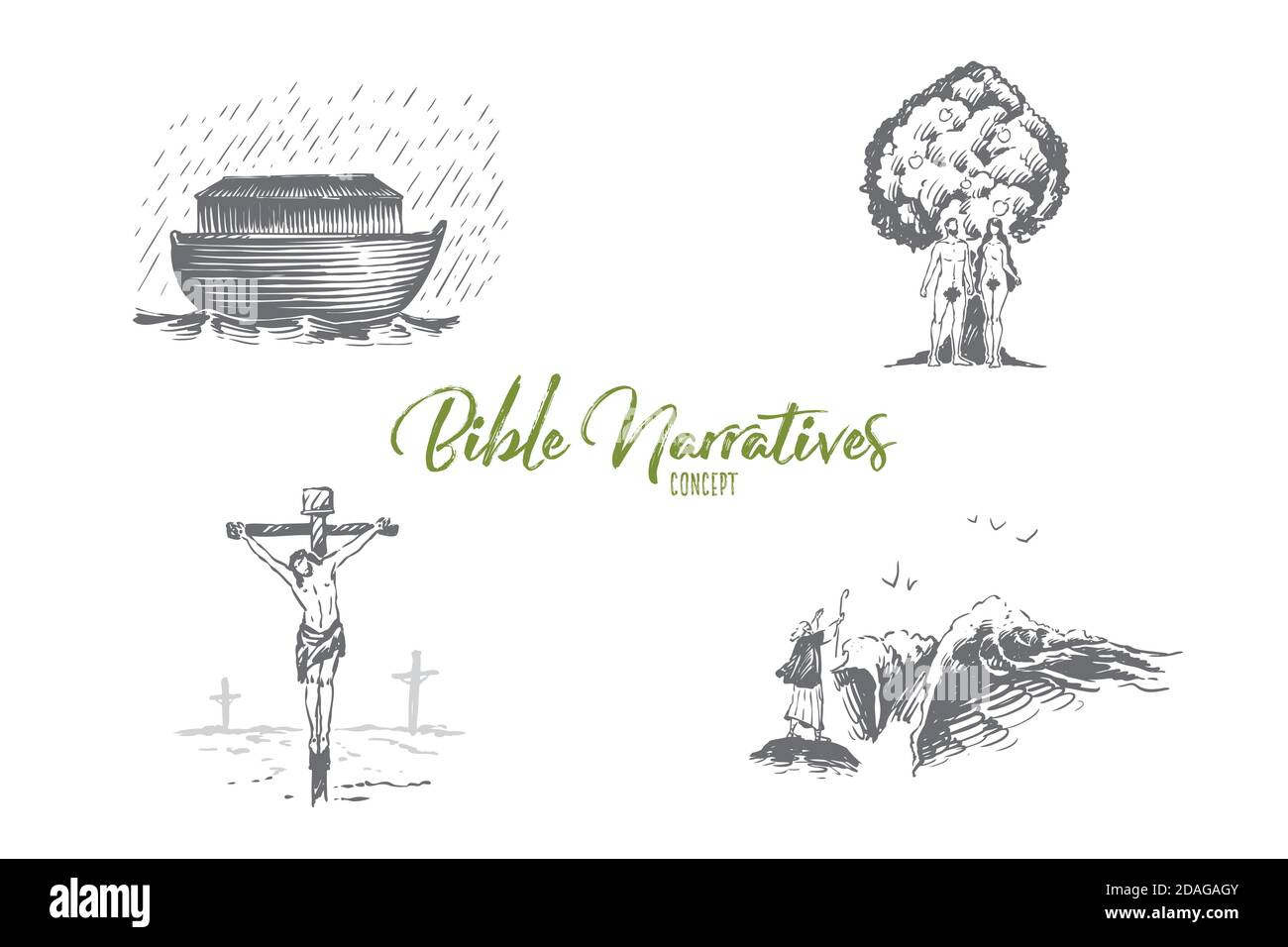 Bible narratives Noahs ark, Adam and Eve, Jesus Christ vector concept