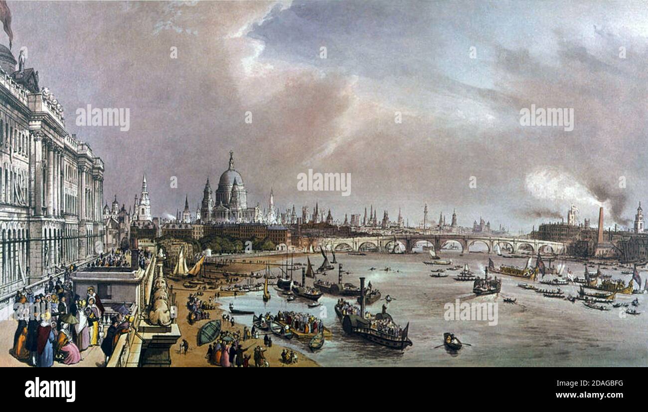 RIVER THAMES seen from the terrace of the Houses of Parliament looking east towards Blackfriars Bridge and St. Paul's, about 1830 Stock Photo