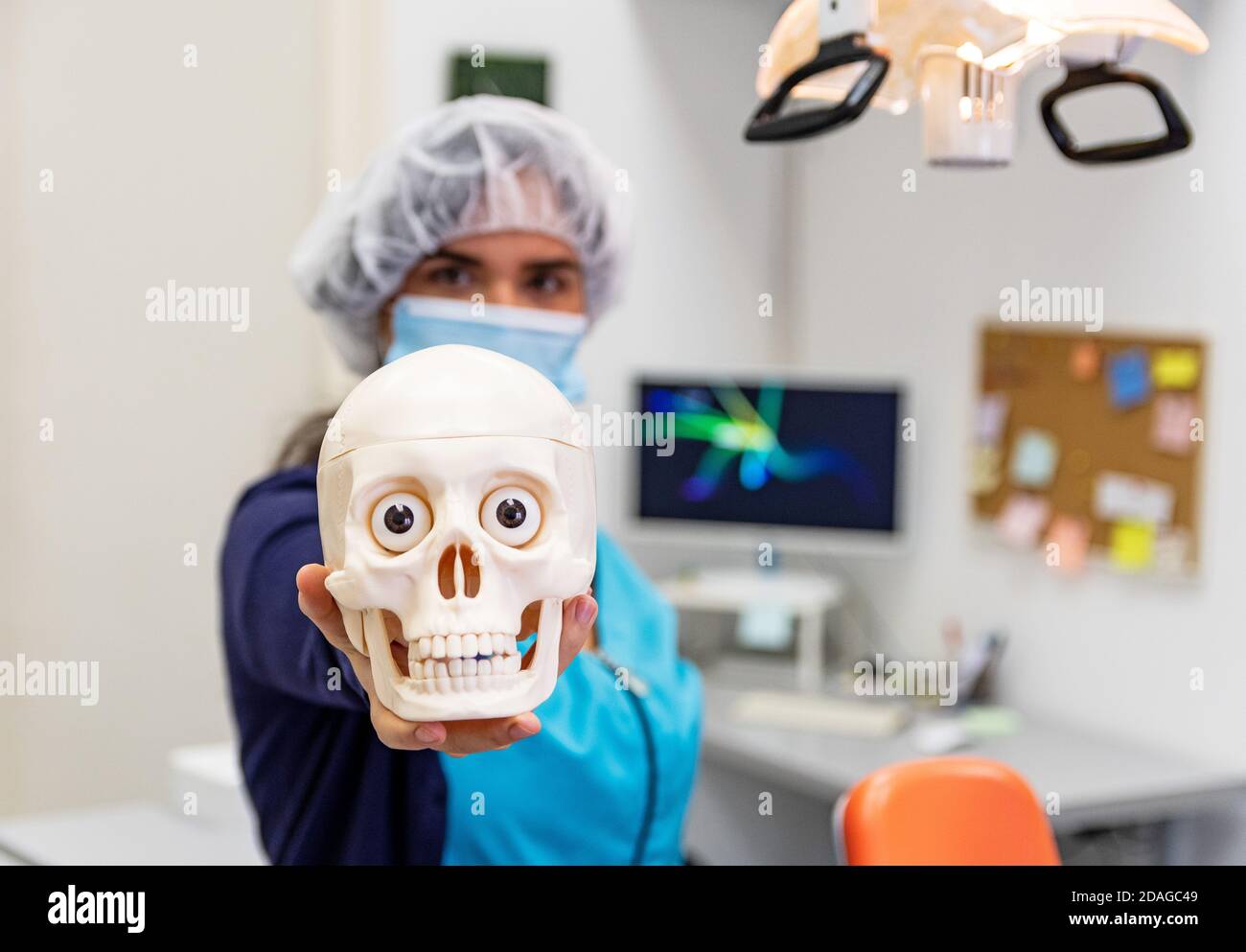 A doctor in medical uniform, hygiene headcover and face mask holding skull in hand Stock Photo