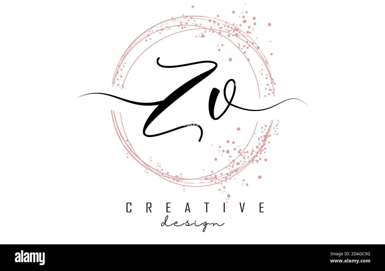 Handwritten ZV Z V letter logo with sparkling circles with pink glitter ...