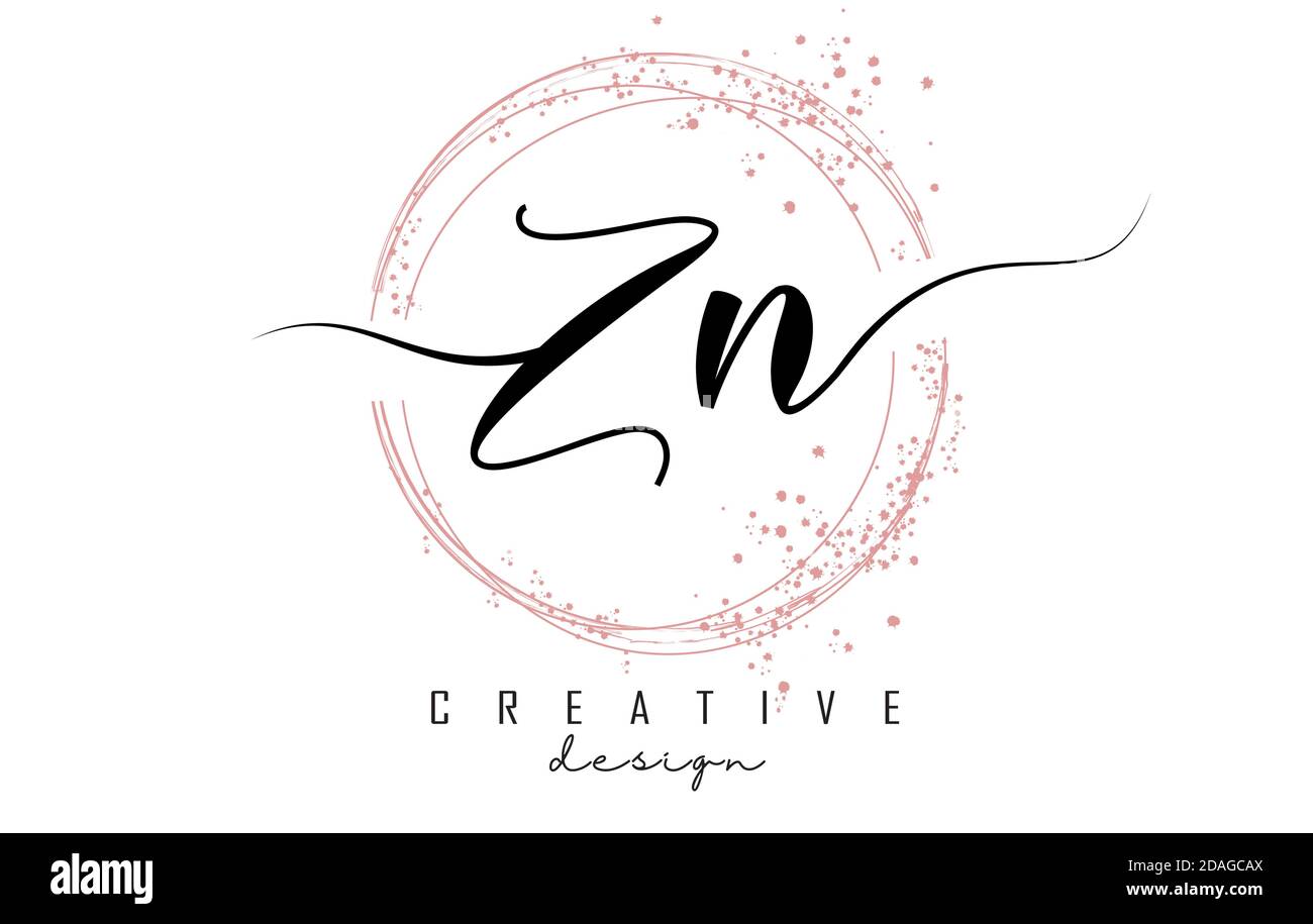 Handwritten ZN Z N letter logo with sparkling circles with pink glitter. Decorative vector illustration with Z and N letters. Stock Vector