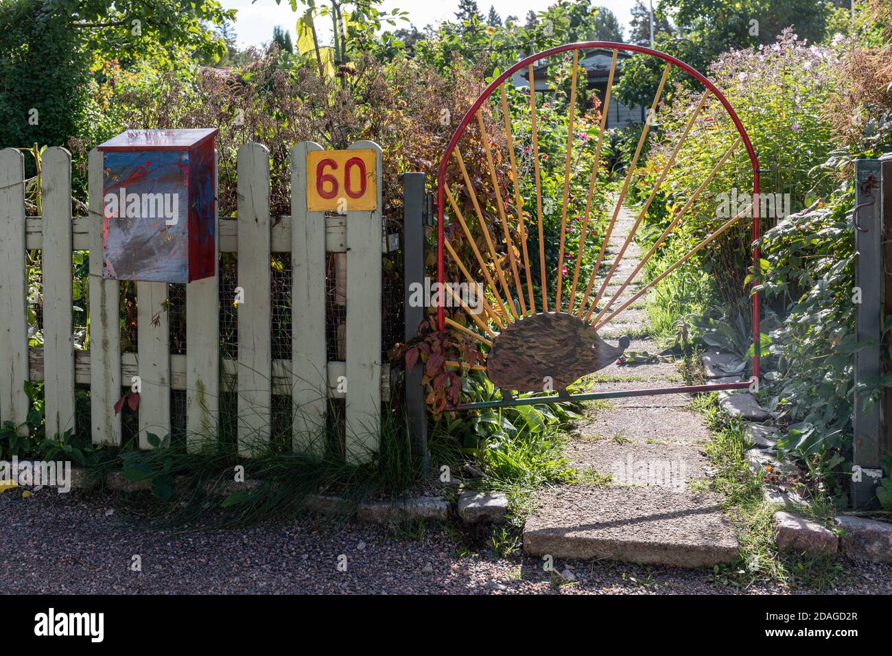 Allotment garden hut gate at Kumpula Community Garden in Helsinki, Finland Stock Photo