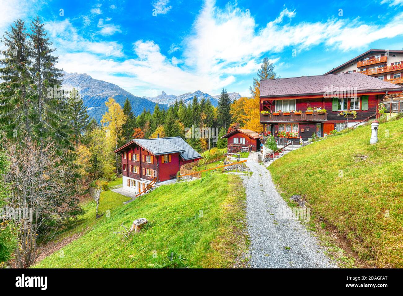Fantastic autumn view of traditional swiss chalets in Wengen village ...