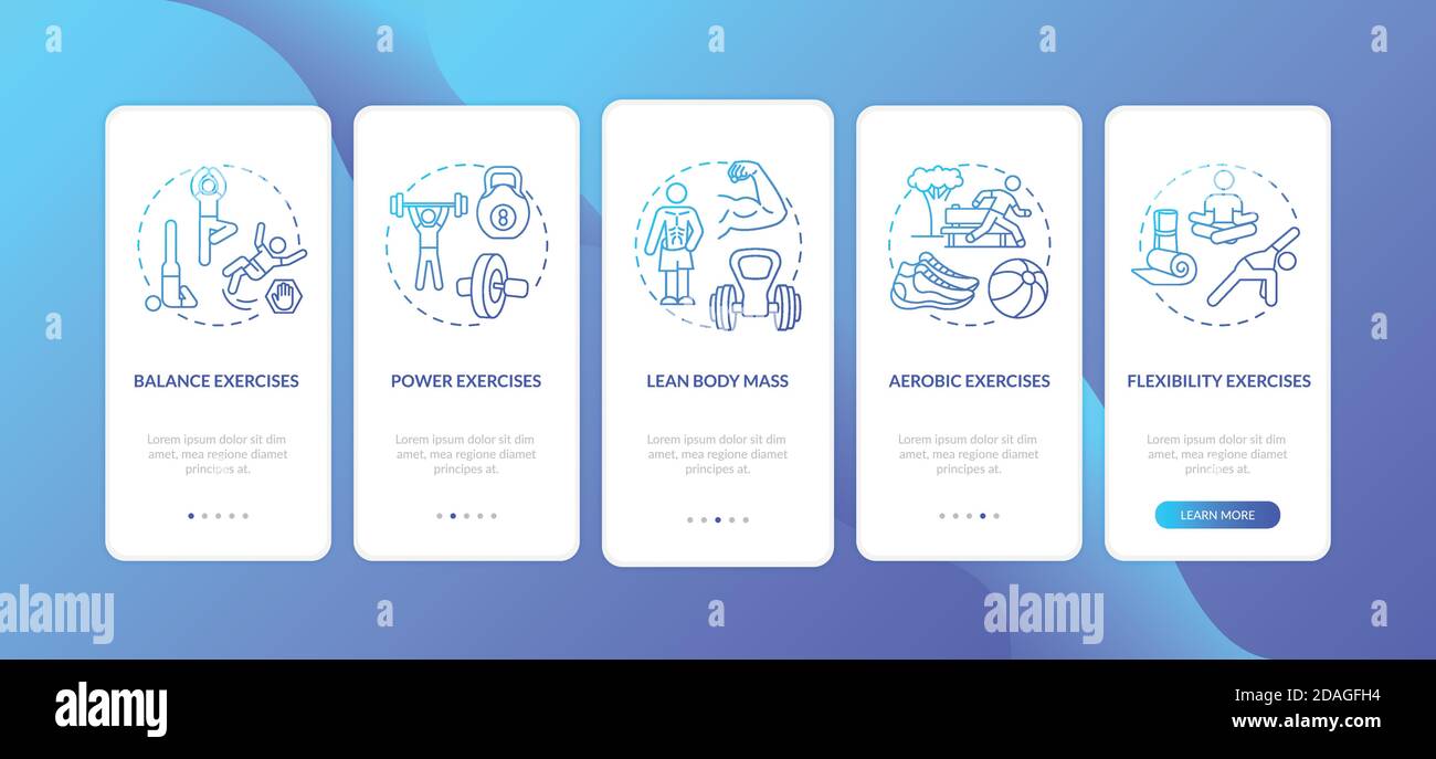 Exercises dark blue onboarding mobile app page screen with concepts Stock Vector