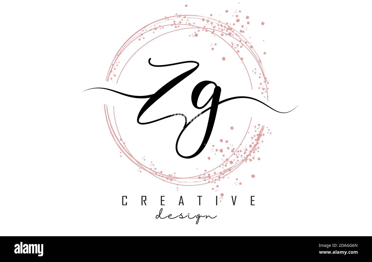 Handwritten ZG Z G letter logo with sparkling circles with pink glitter