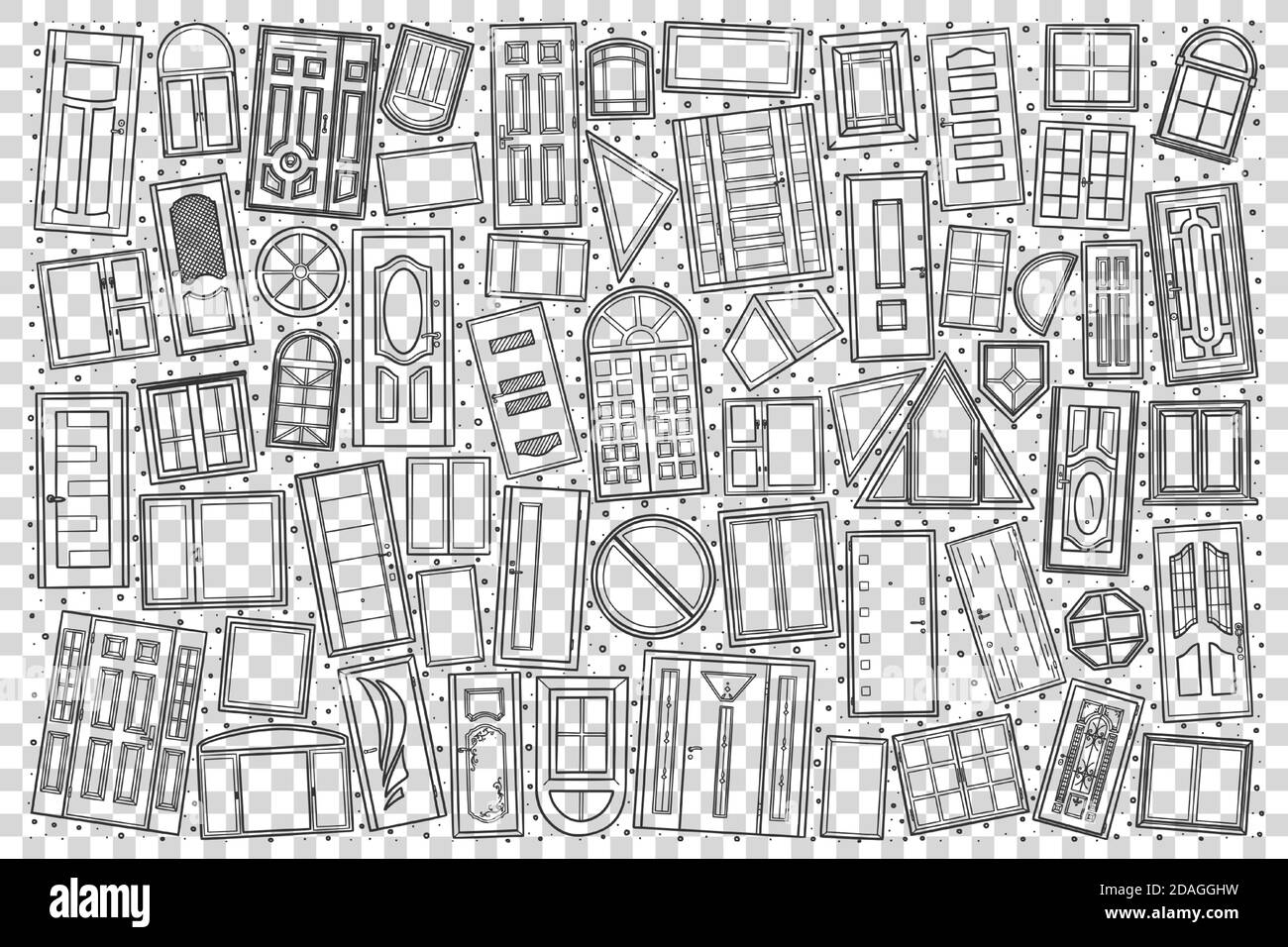 Windows and doors doodle set Stock Vector