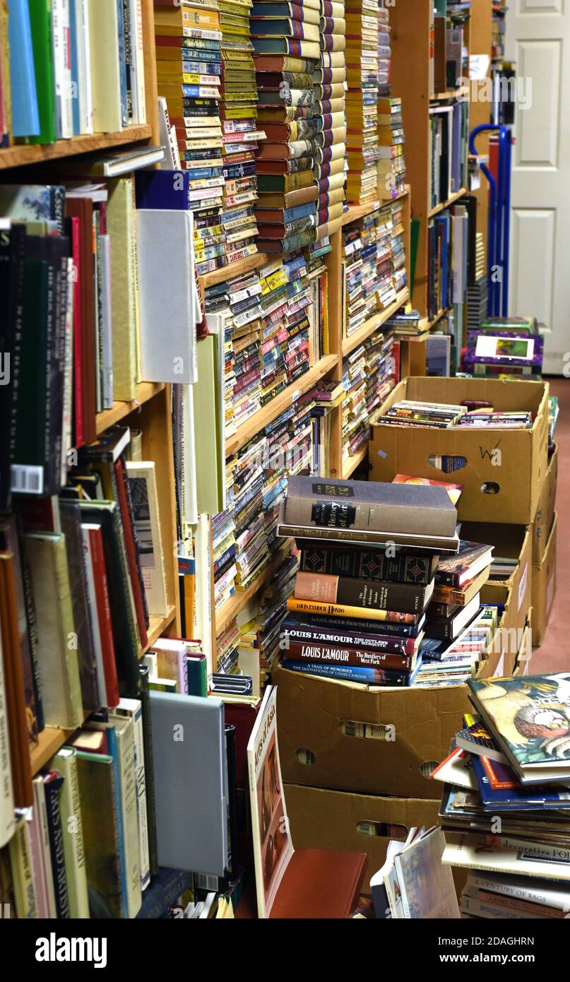 Used books on shelves and in boxes on the floor in a used book store