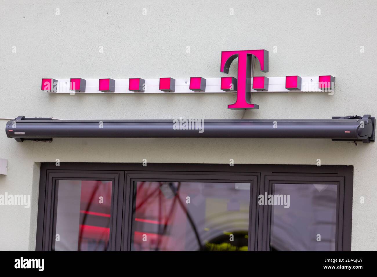 PASSAU / GERMANY - NOVEMBER 8, 2020: Branch logo of Deutsche Telekom. Deutsche Telekom AG is a German telecommunications company Stock Photo