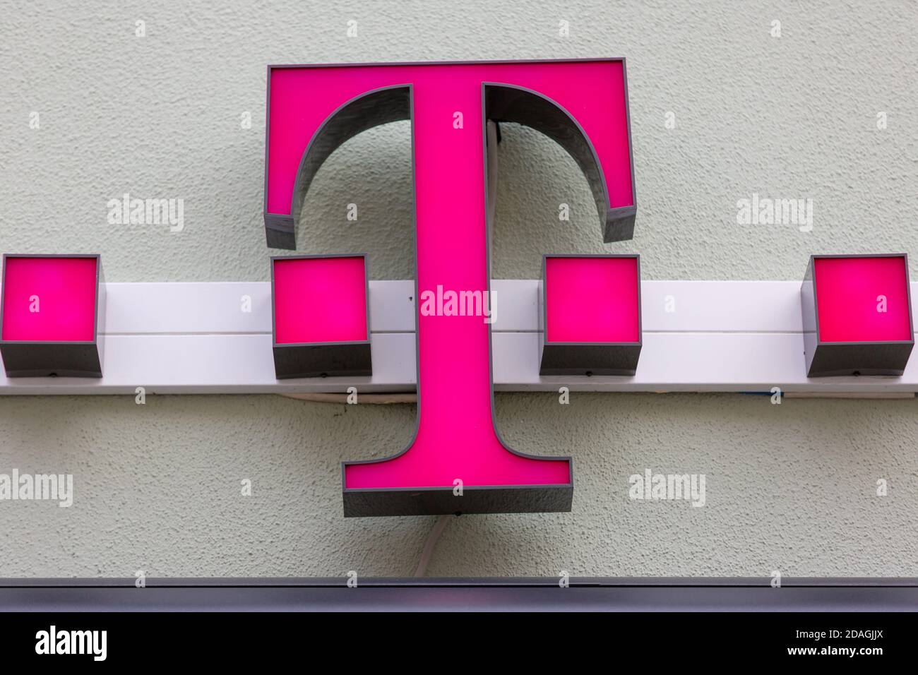 PASSAU / GERMANY - NOVEMBER 8, 2020: Branch logo of Deutsche Telekom. Deutsche Telekom AG is a German telecommunications company Stock Photo